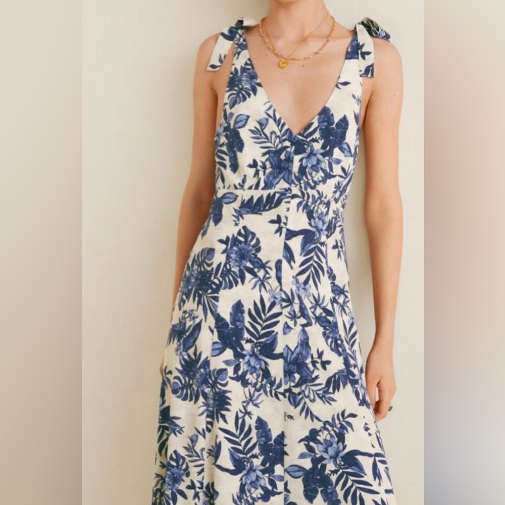 Mango blue white/beige/cream dress maxi length sort of floral print/ botanical